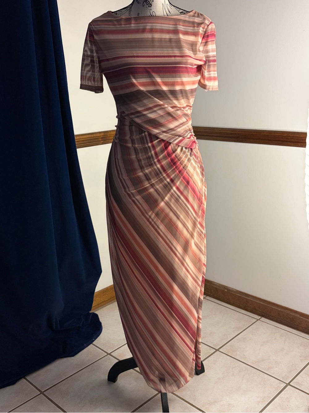 DKNY Pink and Cream Striped Twist-Waist Maxi Dress
